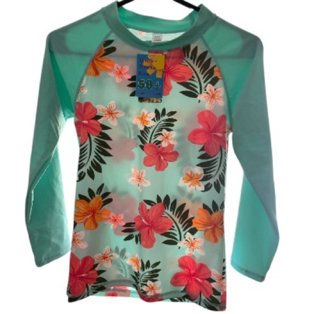 The Warehouse Girls Mint Green Tropical Hibiscus UPF 50+ Rash Guard Size 16 NEW